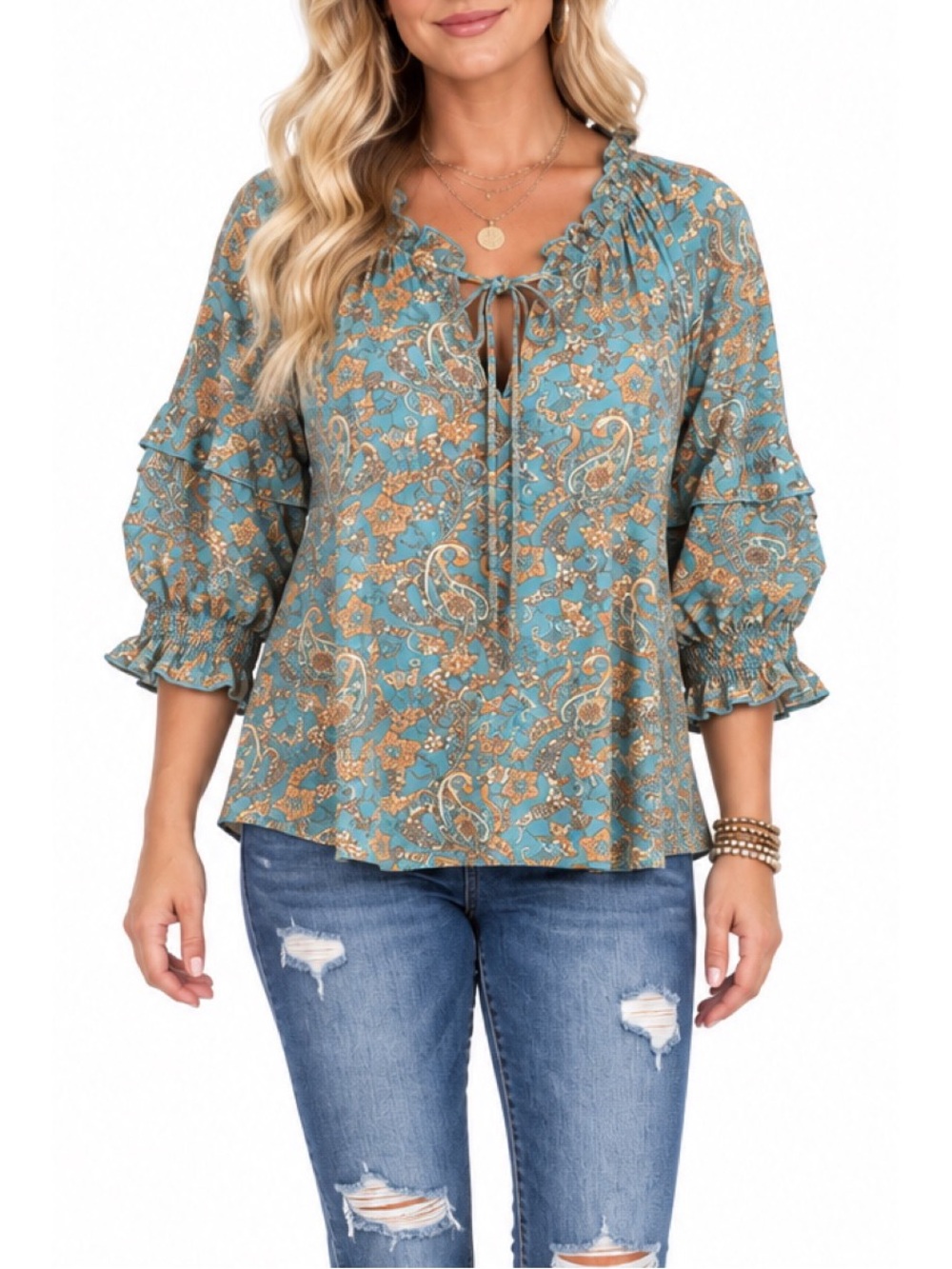 Melloday Blue paisley print peasant blouse size small